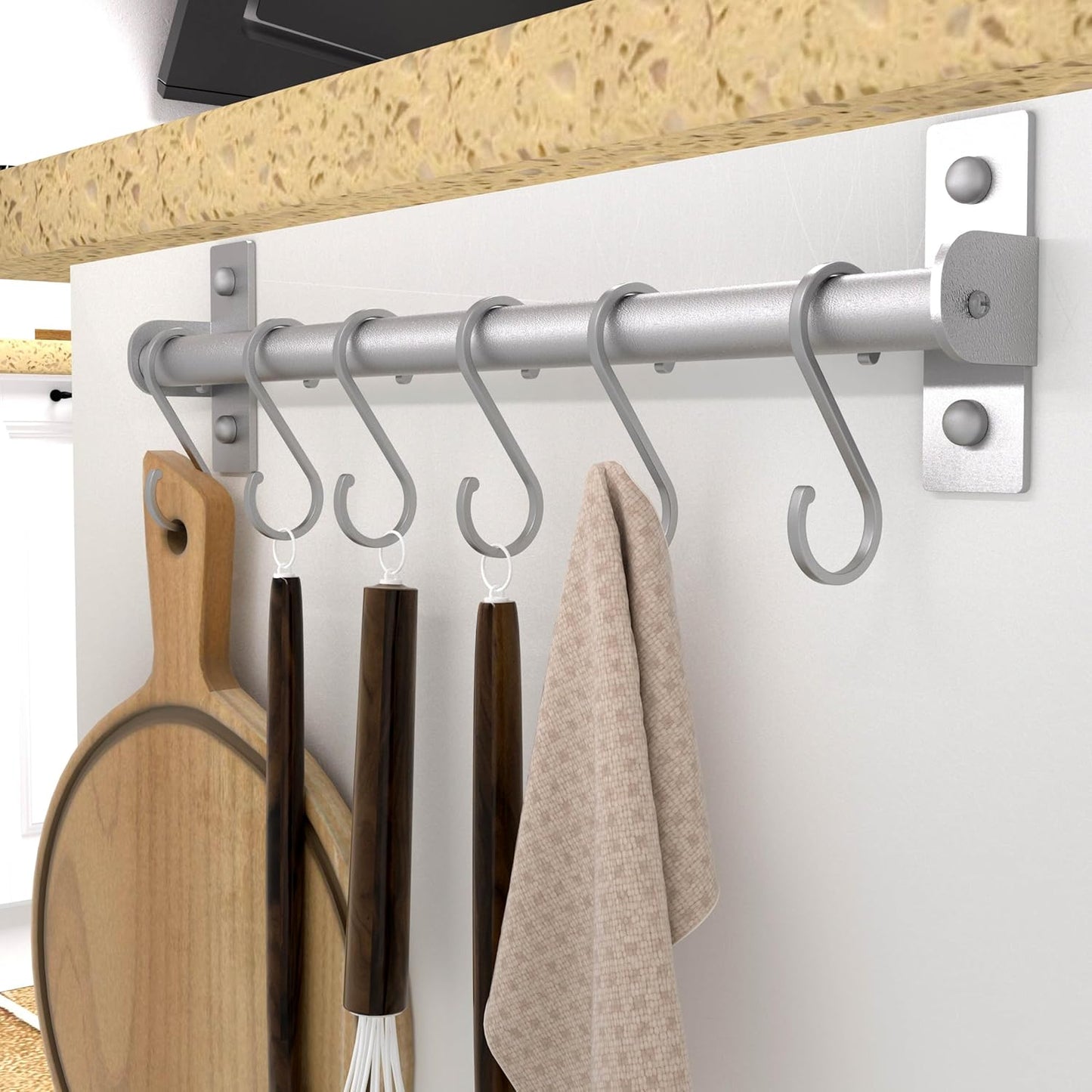 Dseap Kitchen Utensil Holder Hanger, Pot and Pan Rack Wall Mounted, Kitchen Rail with 8 Hooks for Hanging Cooking Utensils, Mugs, Spoons, Wall Mounted, Silver