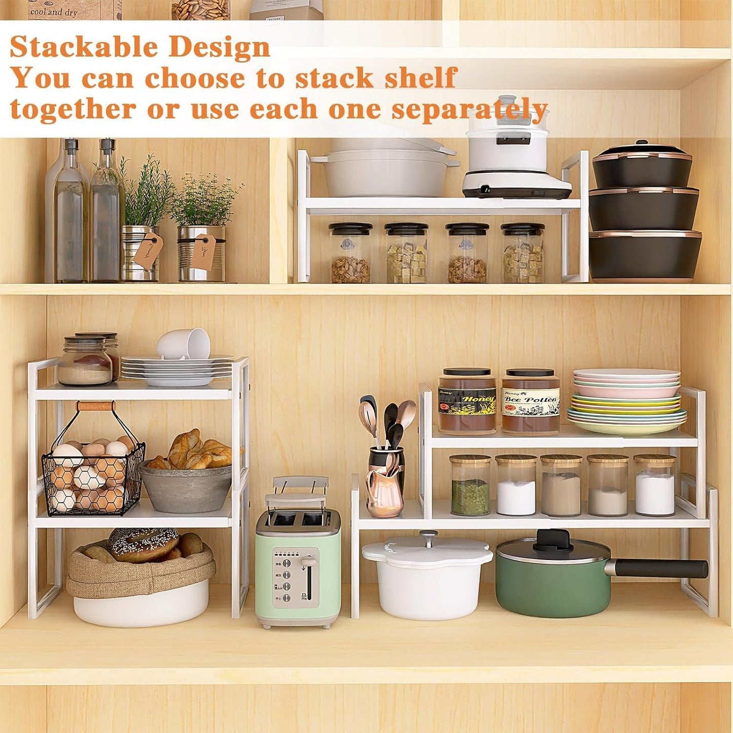 DOLALIKE Expandable Kitchen Countertop Organizer, Stackable Cabinet Shelf Organizers, Space Saving Spice Rack Pantry Storage for Bathroom Office Organization (White, 2-Tier)