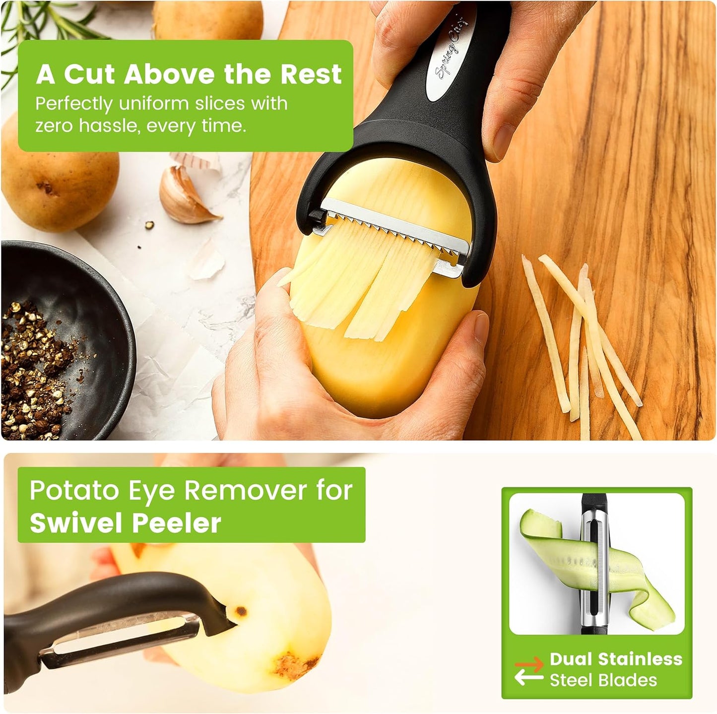 Spring Chef Swivel & Vegetable Julienne Peeler Set for Kitchen with Stainless Steel Sharp Blades - Potato Peelers with Soft Grip Handles & Blade Covers - Perfect for Carrot, Zucchini, Cucumber - Black