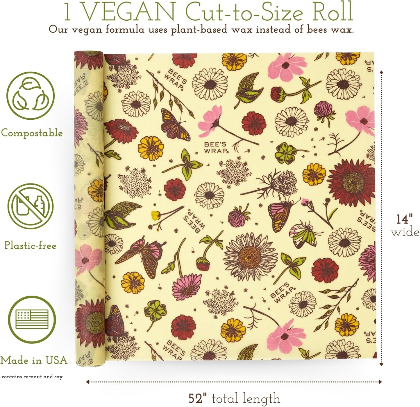 Bee's Wrap Vegan Beeswax Wraps for Food - Meadow Magic Cut to Size 14x52" Wax Paper Roll, Made in USA Reusable Waxed Paper & Bowl Covers, Organic Eco-Friendly Alternative to Aluminum Foil Plastic Wrap