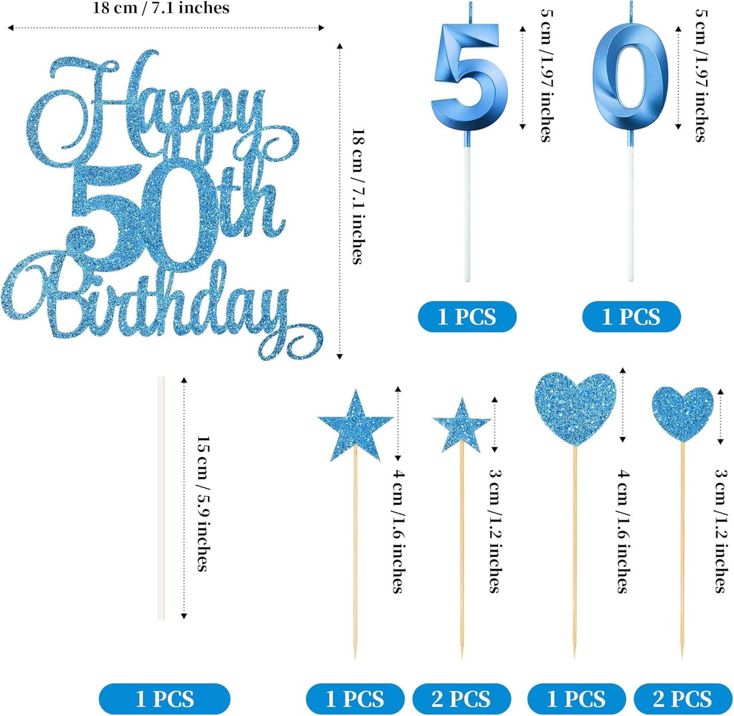 50th Birthday Cake Decorations, 50th Birthday Candles Cake Numeral Candles and Glitter Happy 50th Birthday Cake Toppers Set for Birthday Party Supplies (Blue)
