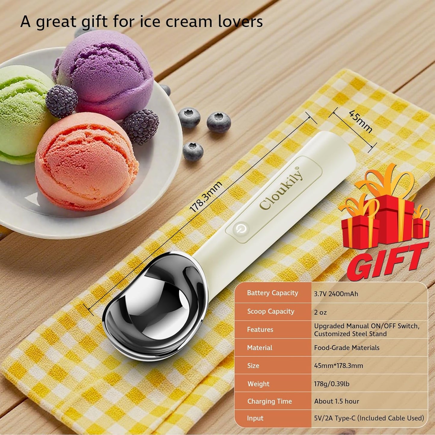 Heated Ice Cream Scoop with On/Off Switch(Latest Gen 3.0): Rechargeable Electric Icecream Scooper with Holder,2025 Kitchen Gadgets for Hard Ice Cream, Waterproof IP67,Max to 158℉