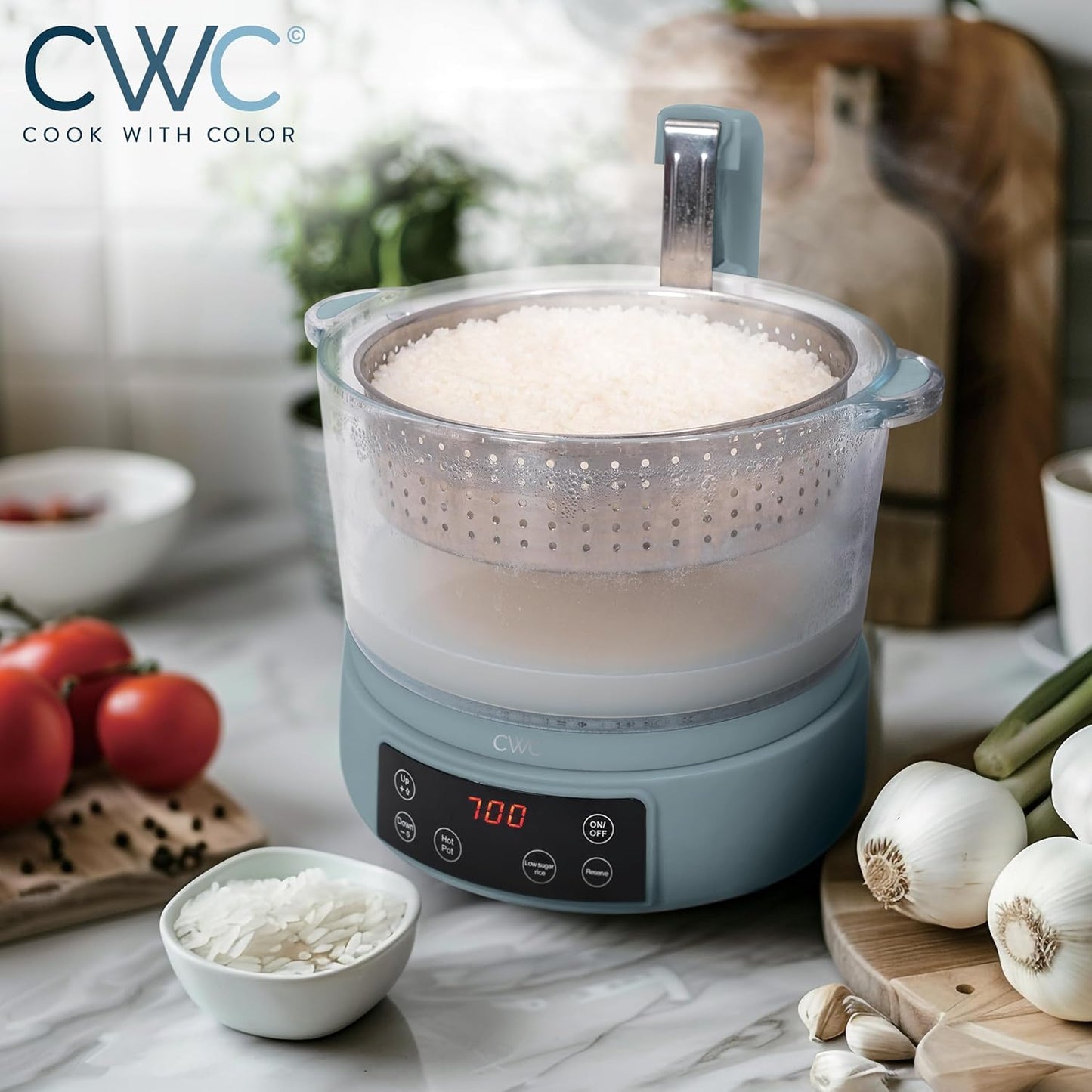 COOK WITH COLOR 3L Glass Low Carb Rice Cooker - Makes 6 Cups Cooked Low Sugar Rice with Auto Lift Filter Basket, Hotpot & Steamer for Rice, Grains and Oats, Digital Panel with Keep Warm, Slate Blue