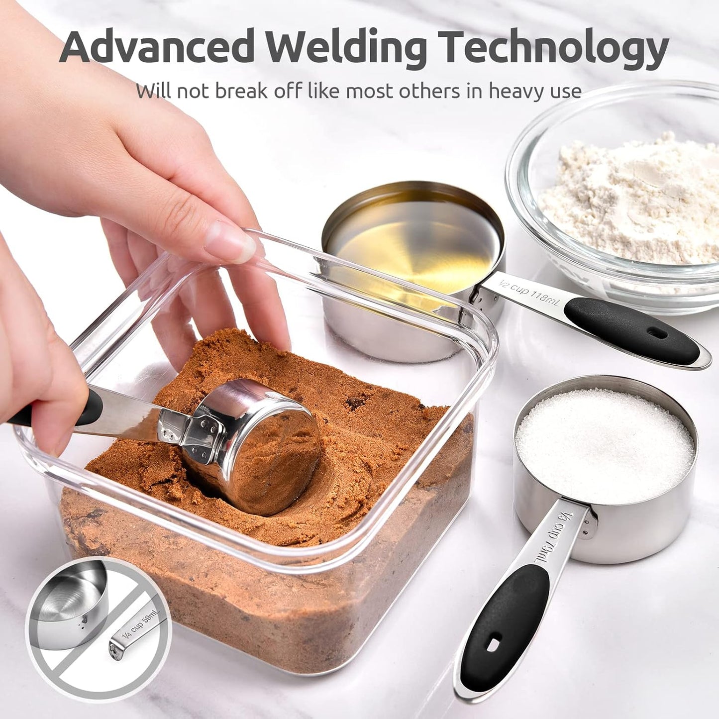 Measuring Cups and Spoons Set: U-Taste 18/8 Stainless Steel 12 Pieces Metal Stacking Kitchen Baking Cooking Food Measure Set 7 Cups 5 Spoons with Strengthened Weld Joints (Black, Upgraded Version)