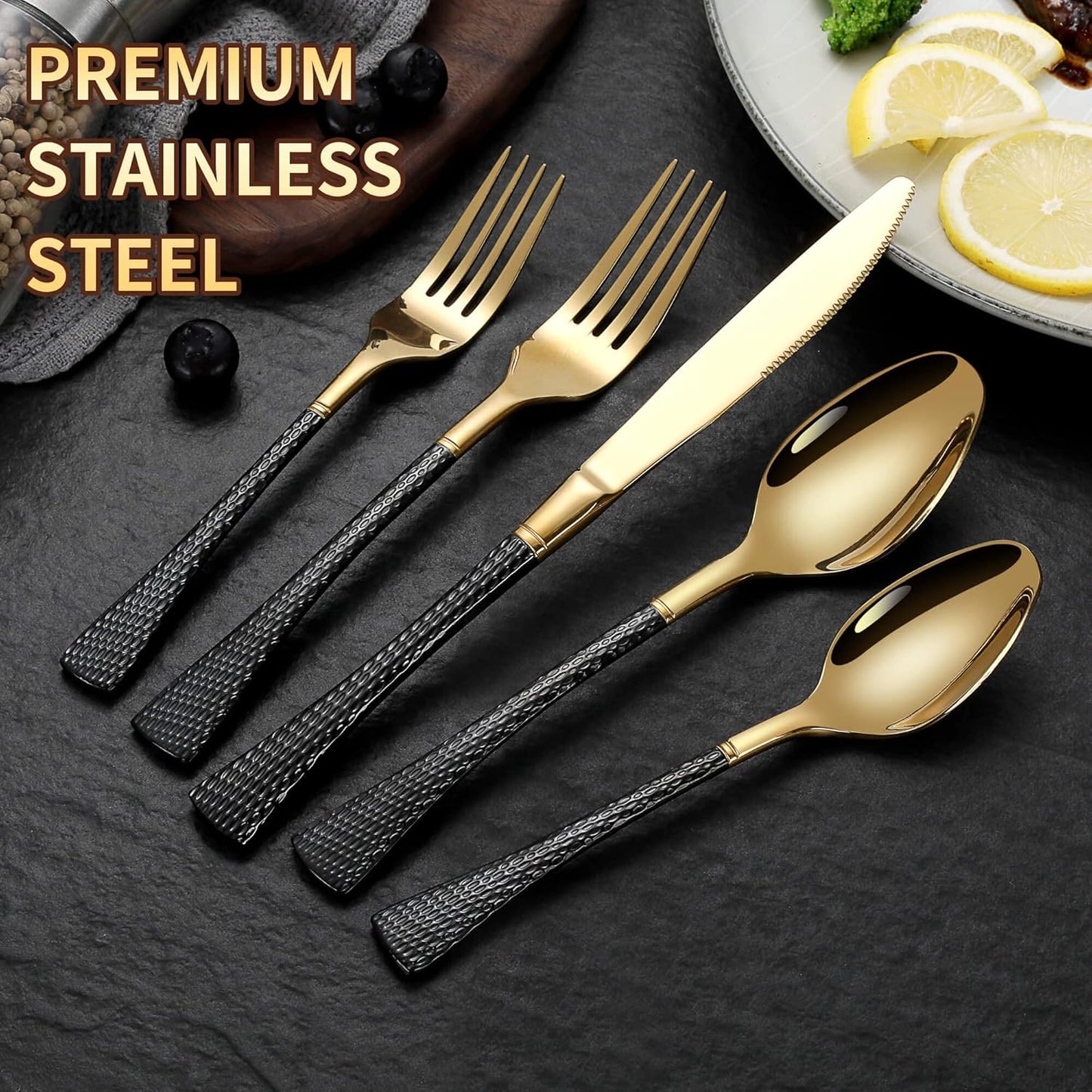 Hammered Black Gold Silverware Set for 8,Stainless Steel 40-Piece Modern Cutlery Set,Mirror Polished Heavy Duty Flatware Set Utensil Set,Knives Spoons and Forks Set,Dishwasher Safe