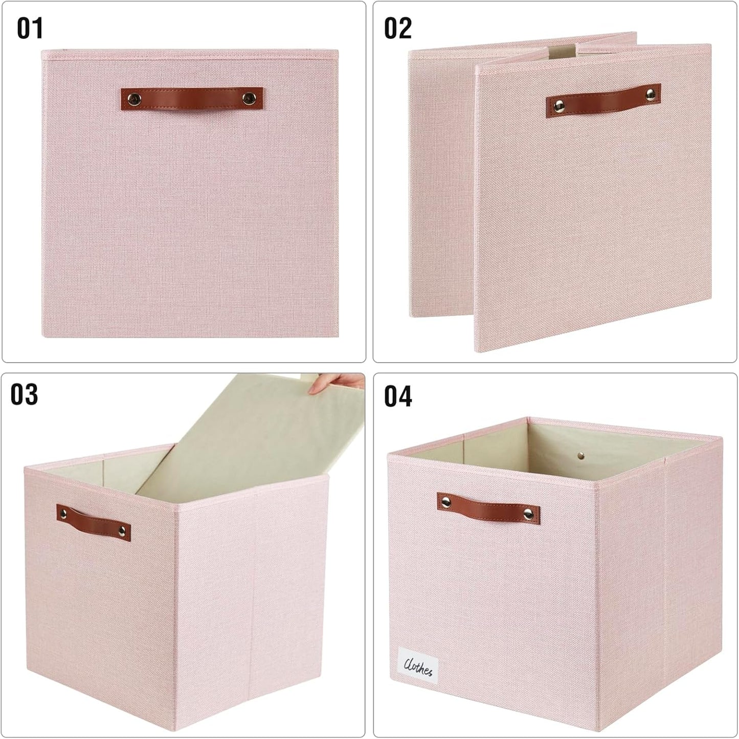 Collapsible Fabric Storage Cube Bins with 2 Reinforced PU Handles, Foldable Storage Organizer Baskets for Closet, Shelves, Living Room | 13"x13"x13", 4 Pack, Full Pink