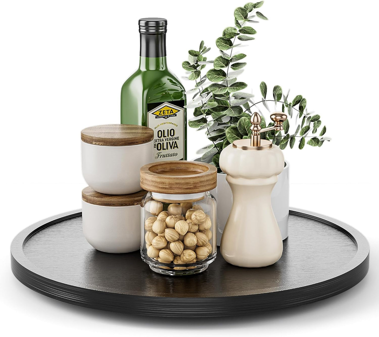 LAMU 12' Wood Lazy Susan Organizer Turntable for Cabinet, Lazy Susan for Table Top, Pantry, Kitchen, Bathroom, Countertop, Rotating Spice Organizer, Vanity Decor Tray, Pine Wood, Black