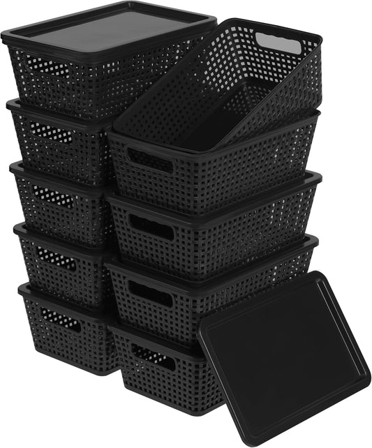 Plastic Storage Baskets With Lid, Storage Bins for Organizing, Stackable Decorative Containers for Shelves Drawers Desktop Closet Playroom Classroom Office,10 Pack-Black