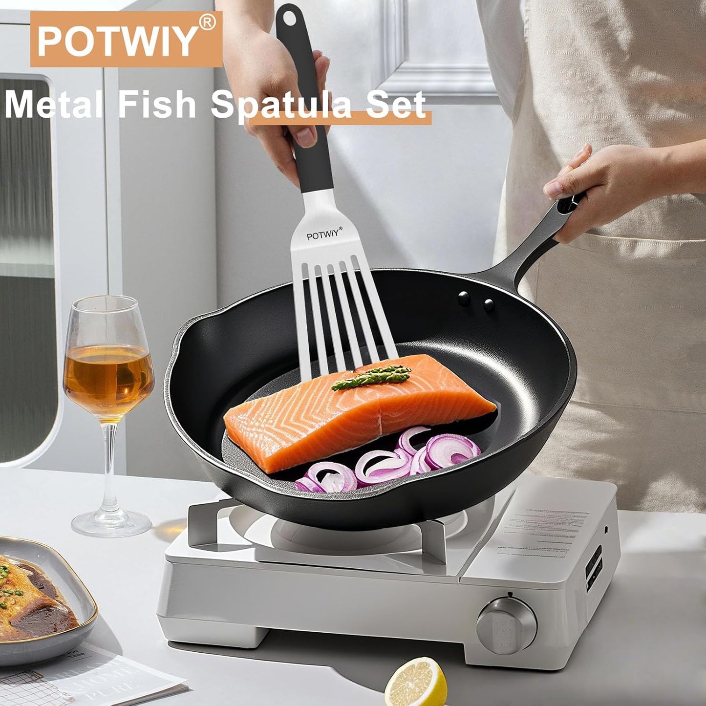 Fish Spatula Stainless Steel, 11.3" Slotted Fish Turner with Silicone Handle, Small Metal Spatula for Cast Iron Skillet, Kitchen Cooking Flipper for Egg, Burger, Pancake