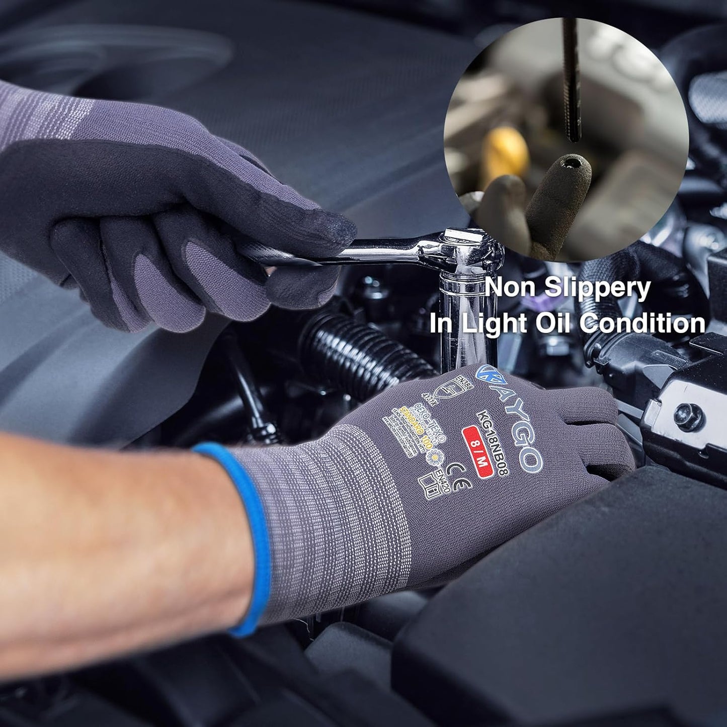 KAYGO Safety Work Gloves MicroFoam Nitrile Coated, 3 Pairs KG18NB,Seamless Knit Nylon Glove for Men and Women, Ideal for Automotive,Warehouse,Construction (Large,Gray)