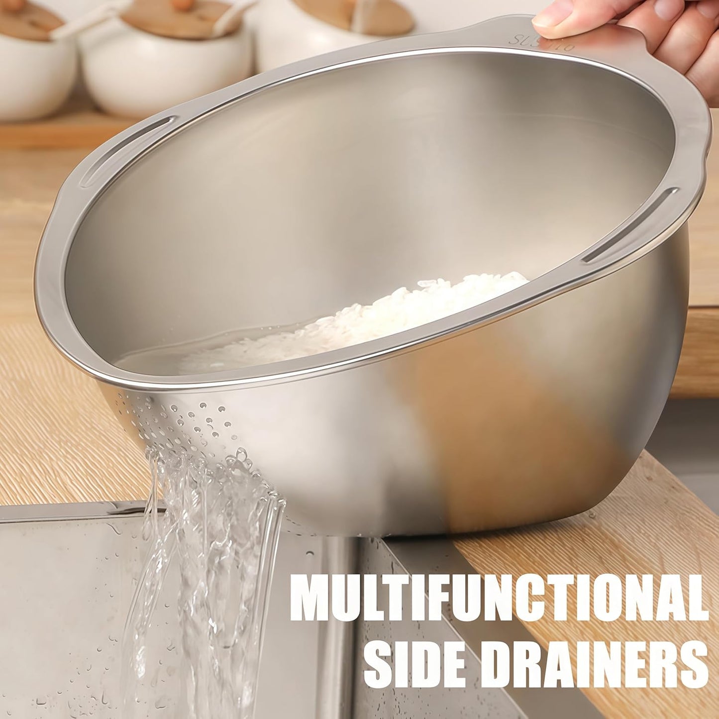 Rice Washer Strainer Bowl Quinoa Washing Bowl Stainless Steel Colander Versatile Side Drainers for Cleaning Rinsing Fruits, Vegetables, and Beans - Multifunctional Drain Basket