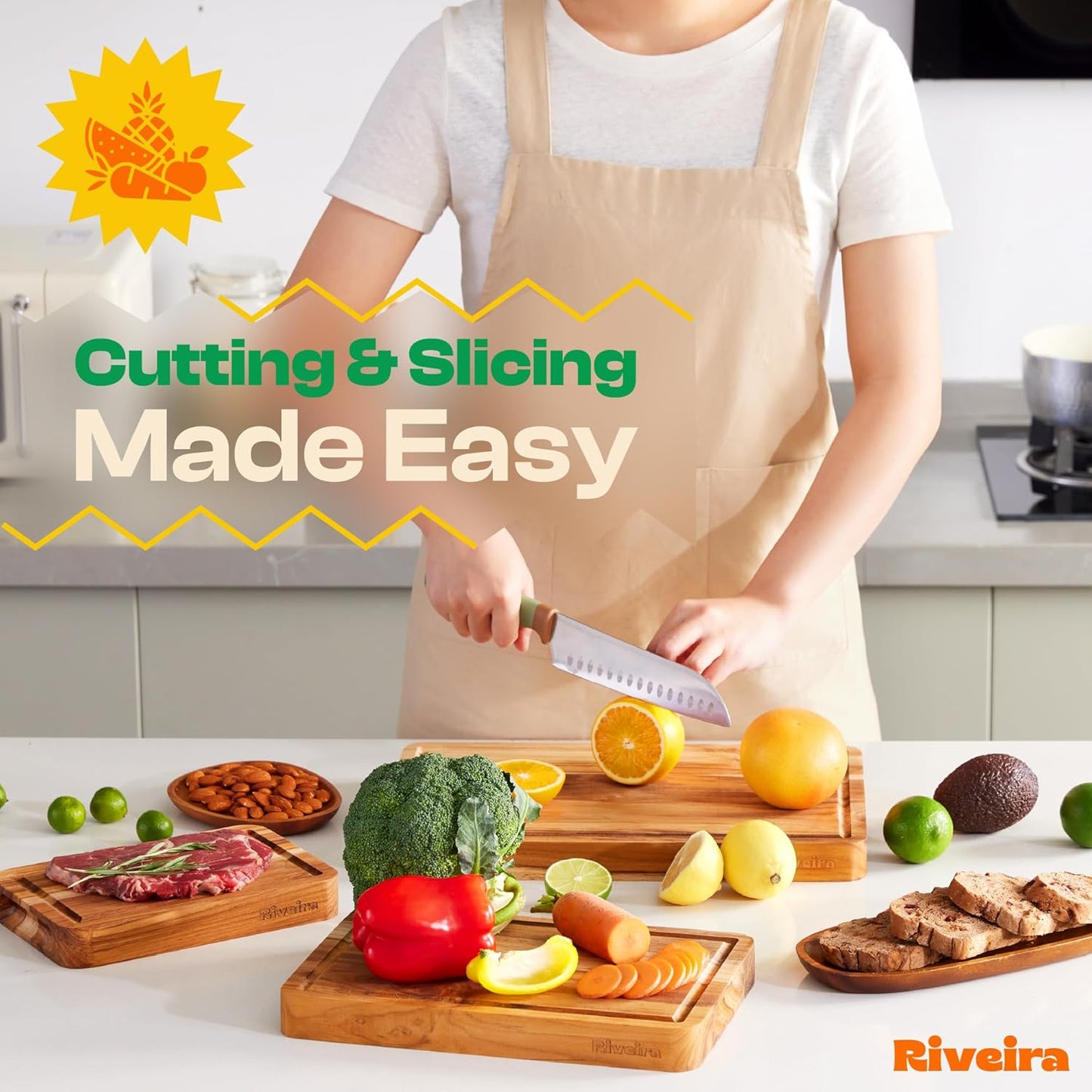 Riveira Teak Wood Cutting Board – Gourmet Teak Grandeur: 36 x 24 Wooden Cutting Board – Natural Wooden Cutting Boards For Kitchen Decorative – Innovative Juice Grooves Teak Wooden Chopping Board