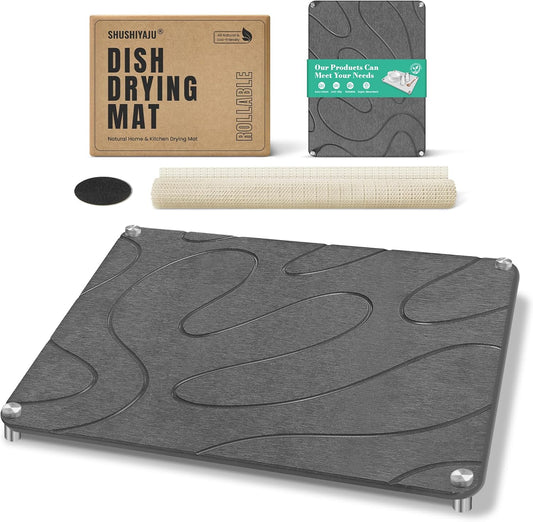 Stone Drying Mat For Kitchen Counter Superb Absorbent Diatomaceous Earth Mats with Non-Slip Feet Quick Dry Stone Dish Drying Pad Dish Pad Multi-Purpose(Flow Line-DarkGrey, 15.7" x 11.8")