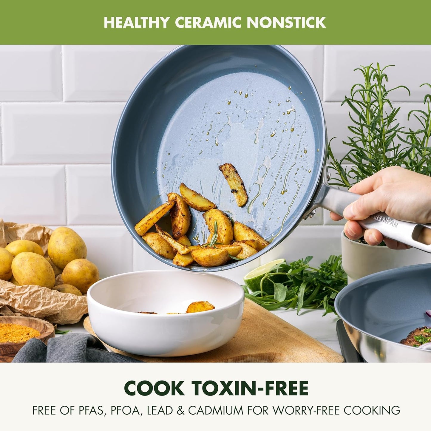 GreenPan Treviso Stainless Steel Healthy Ceramic Nonstick, 12" Frying Pan Skillet with Lid, PFAS-Free,Clad, Induction, Dishwasher Safe, Silver