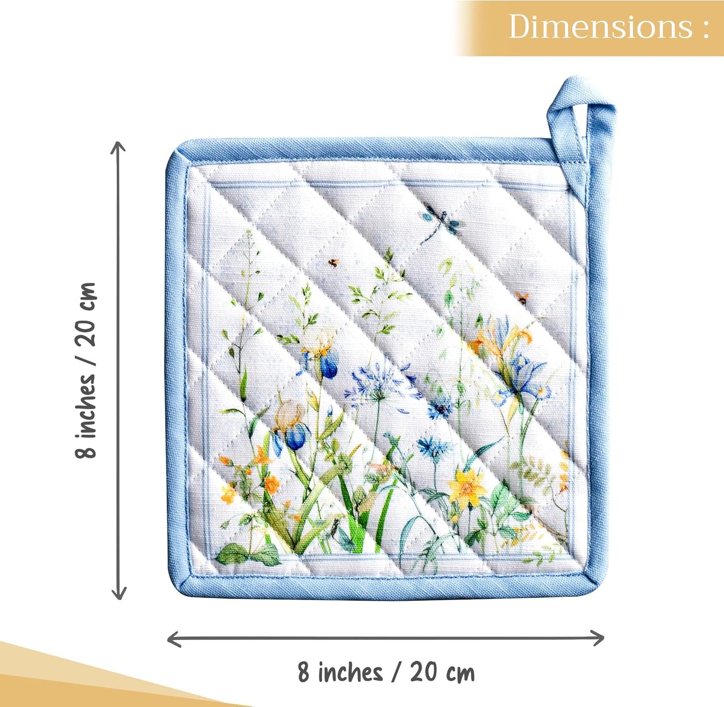 Maison d' Hermine Pot Holders Set 100% Cotton Heat Resistant Potholders 8" x 8" Hot Pads with Loop BBQ, Cooking, Baking, Grilling, Kitchen, Handling Hot Pans Spring/Summer (Pack of 2, Fleurs De Mai)