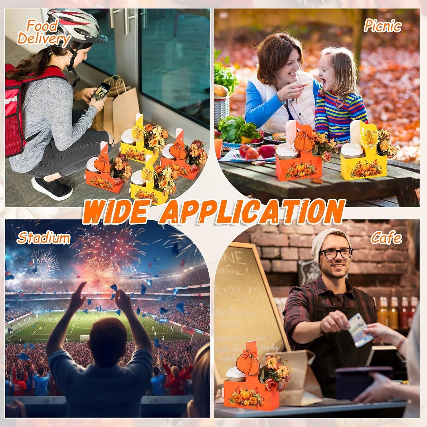 TaoBary 30 Set Fall 2 Cup Drink Carrier with Handle Portable Foldable Tray Drink Holder Yellow Orange Disposable Cardboard Coffee Cup Holder with Pumpkin Maple Leaf Tag, Thanksgiving Fall Gifts