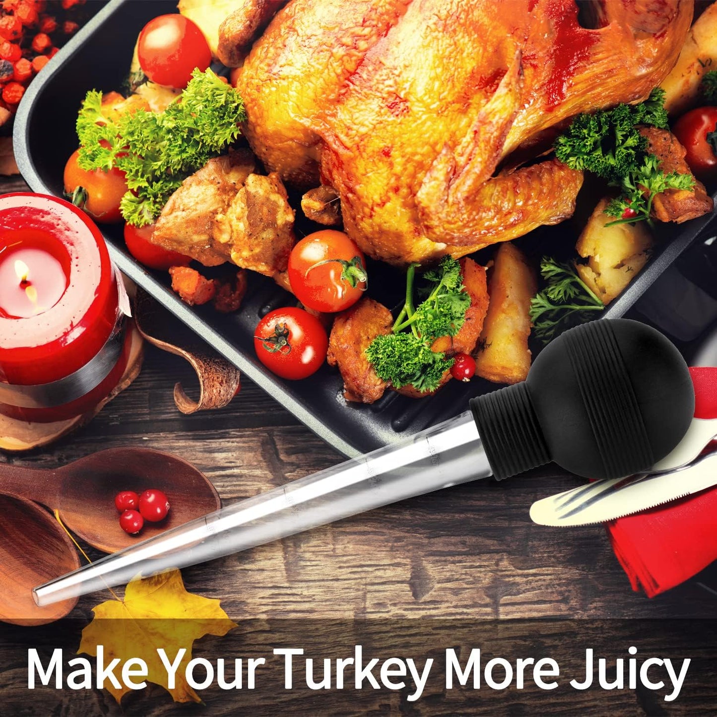 Turkey Baster With Cleaning Brush, Baster Syringe for Home Baking and Roaster Turkey, Include Detachable Food Grade Bulb with Double Scales for BBQ Grill Baking Kitchen Cooking