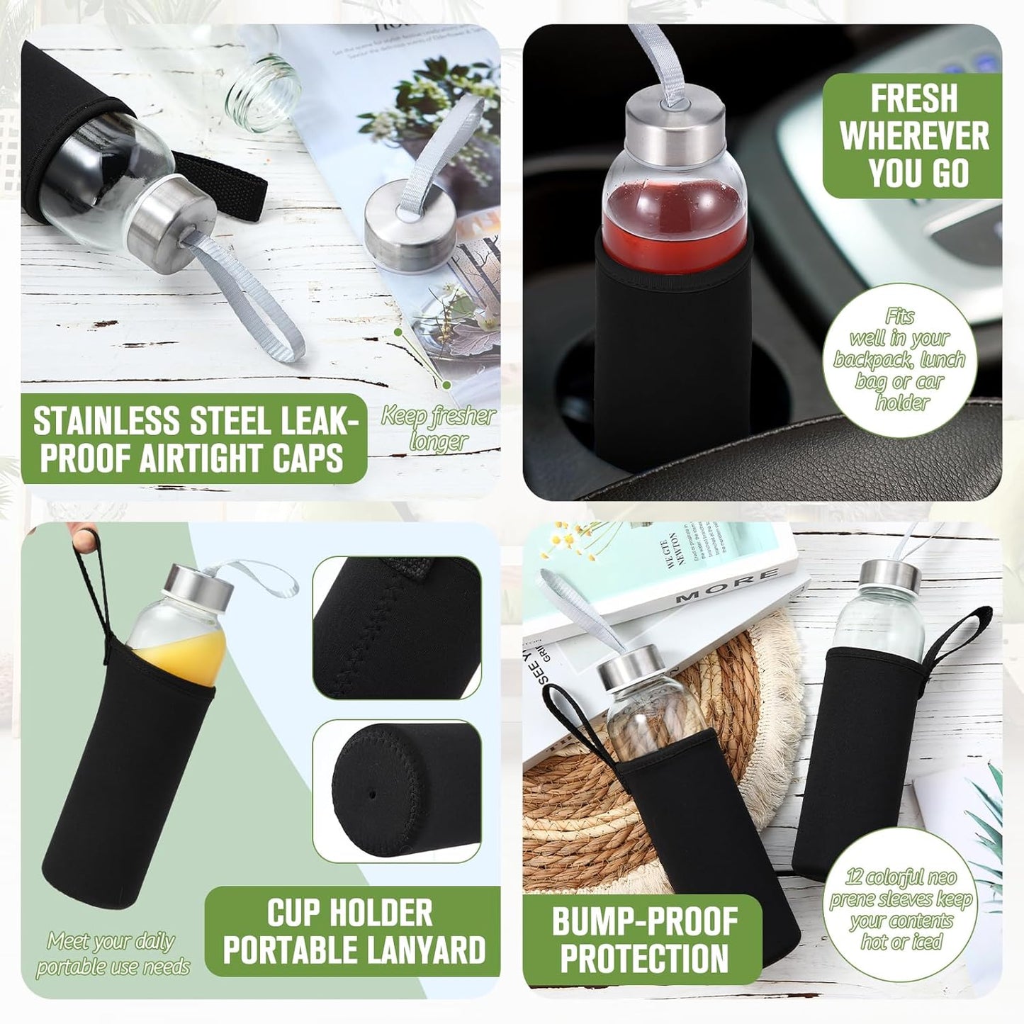 Vesici 12 Set 18 oz Clear Glass Water Bottles, Reusable Glass Juicing Bottles with Protection Sleeve and Stainless Steel Leak Proof Lids for Milk Smoothie Juice Beverage Tea (Black,Stylish)