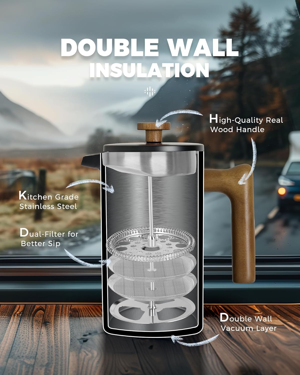 POLIVIAR French Press Coffee Maker, 34 Ounce Coffee Press with Real Wood Handle, Double Wall Insulation & Dual- Filter Screen, Food Grade Stainless Steel for Good Coffee and Tea (Vintage)