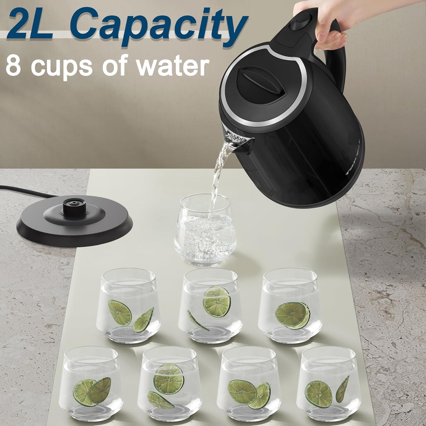 TOPWIT Electric Kettle, 2.0L Hot Water Kettle Electric, BPA-Free Stainless Steel Tea Kettle, Electric Kettles for Boiling Water with Fast Boil, Auto Shut-Off & Boil Dry Protection, Black