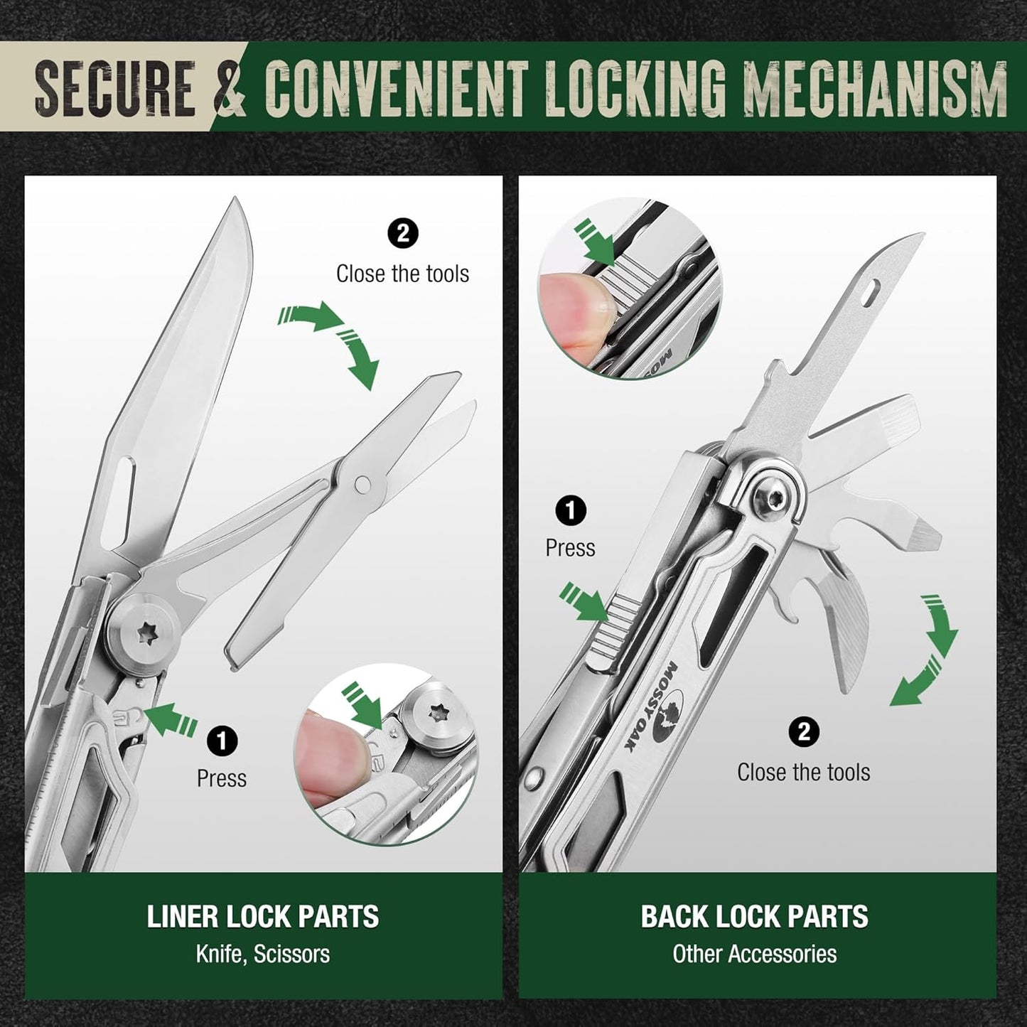 Mossy Oak 12-in-1 Multitool Pocket Knife with Pouch, Stainless Steel Multitool Knife with Clip, Survival Tools with Scissors, Bottle Opener, Wire Stripper, Glass Breaker, Screwdriver