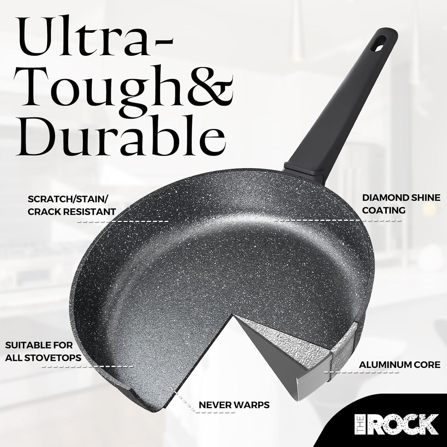 THE ROCK SOHO 8-Inch Non Stick Frying Pan with Lid – Nothing Sticks, Never Warps, Lasts Longer, Healthy Skillet with Heat-Resistant Handle, PFOA Free, Oven & Dishwasher Safe, Black