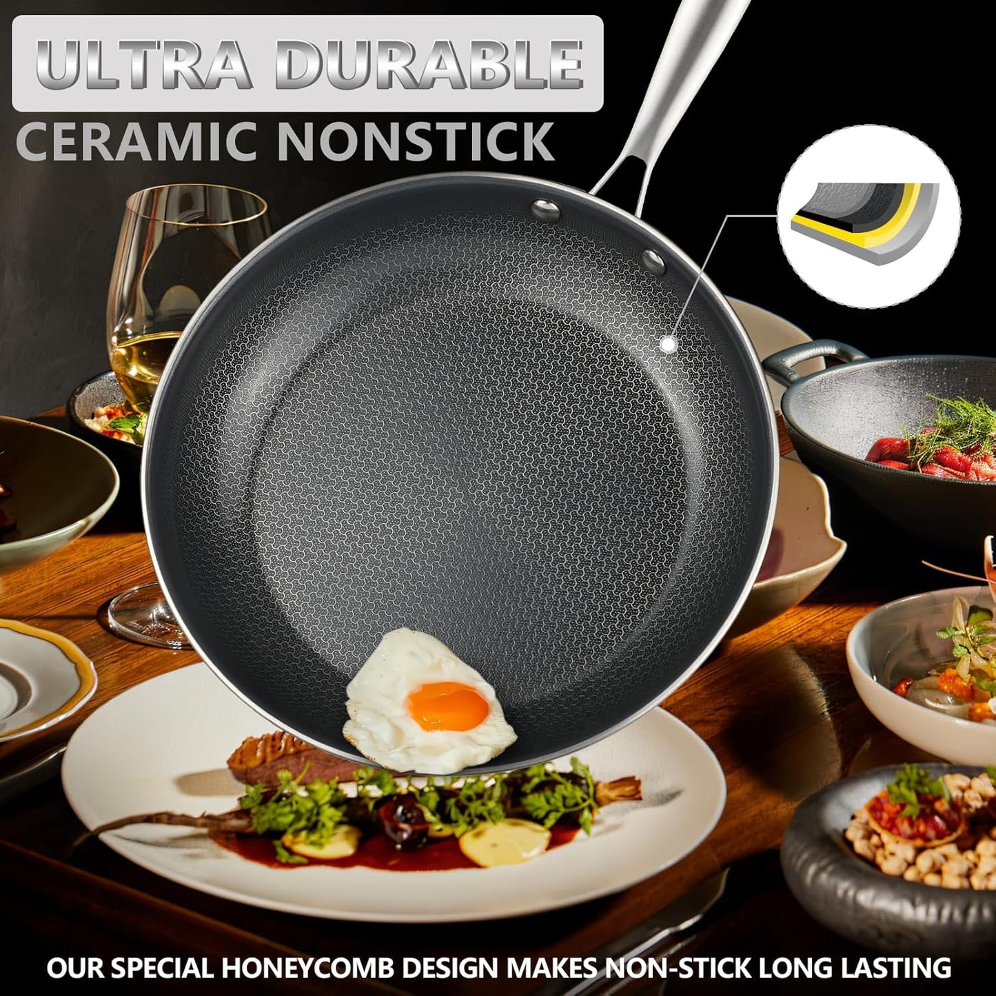 Stainless Steel Nonstick Frying Pan, Hybrid Ceramic 12-Inch Frying Pans, Stay-Cool Handle, PFAS & PFOA PTFE Free, Dishwasher & Oven Safe, Scratch-Resistant, Compatible with Induction & All Cooktops