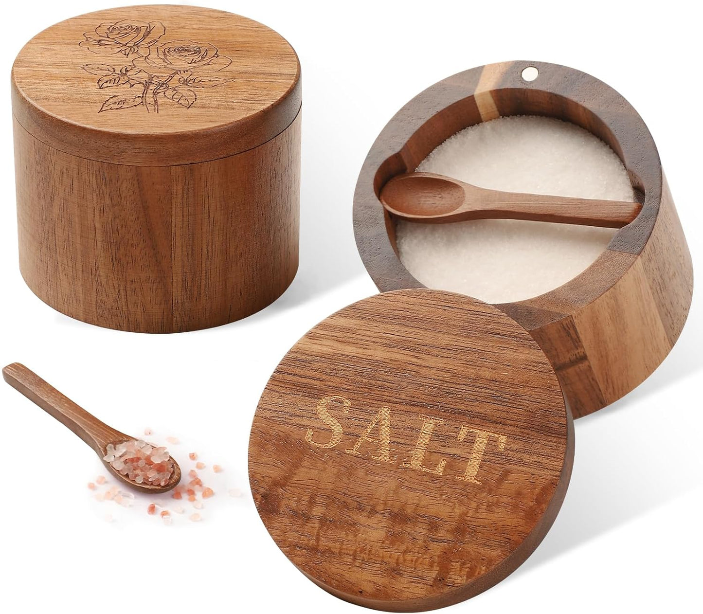 Salt Cellar, 2PCS Salt Container Acacia Wood Salt and Pepper Box for Countertop with Built-in Spoon & Swivel Lid, Wood Salt Holder Bowl for Kitchen, Seasoning Storage (Rose & SALT Engraving)