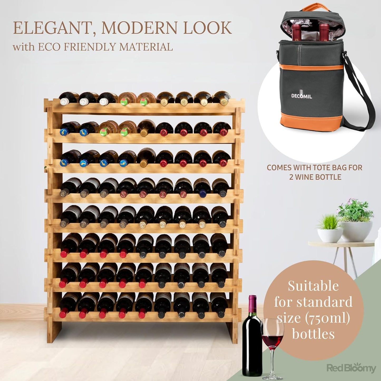 Stackable Bamboo Wine Rack for 72 Bottle, 8-Tier and Sturdy, Free Standing, Modular Wine Storage, Wine Bottle Storage for Cellar, Kitchen and Dining Room (72 Bottle)