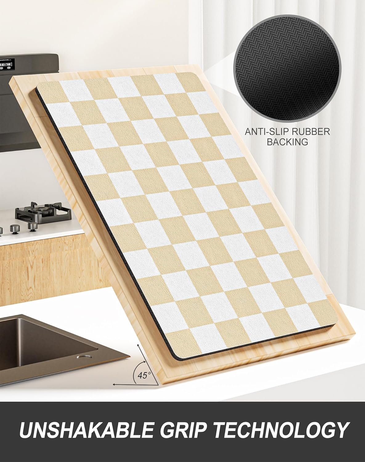 Rnivvi Dish Drying Mat for Kitchen Counter, XL 15 x 24" Cute Checkered Absorbent Draining Pad, Non-Slip Heat Resistant Coffee Bar Mat for Coffee Machine Station Accessories, Beige White Dish Rack Pad