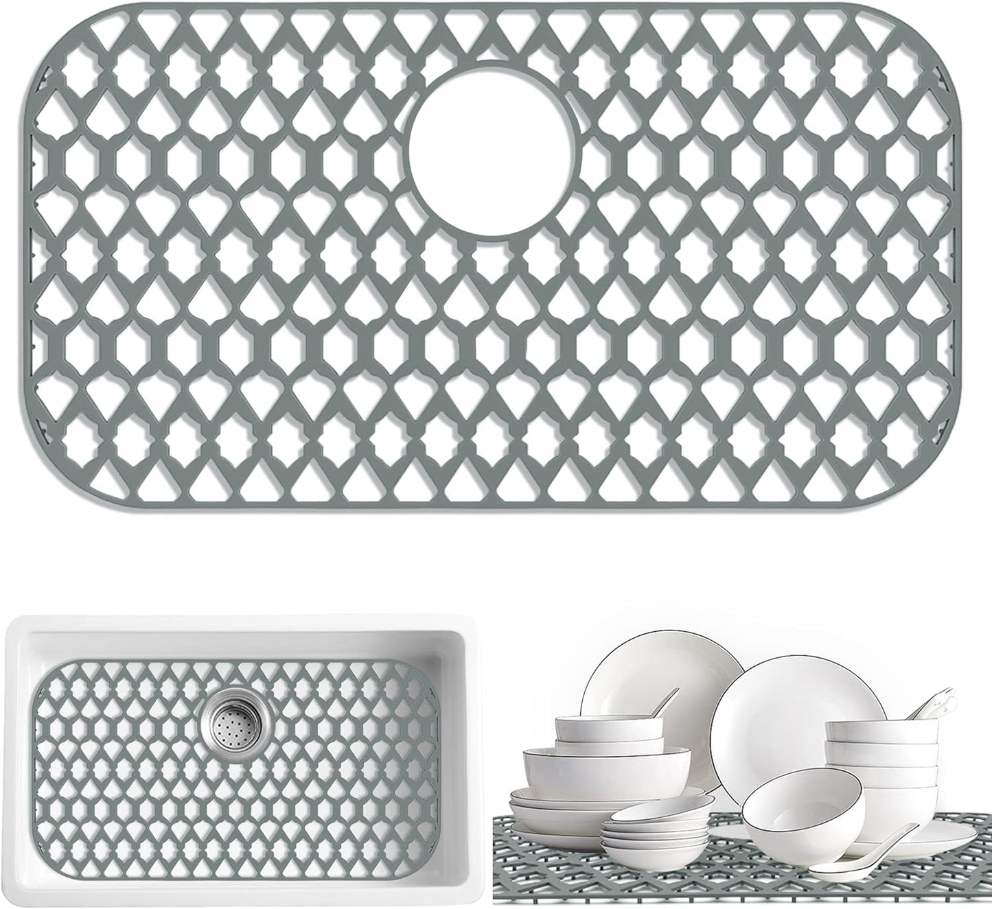 Sink Protectors for Bottom of Kitchen Sink 13x11 &16x12 &19x14 &21x16 &22x13 &24x13 &28x14 &30x16, Large Farmhouse Silicone Mats Grid (26”x14”, Rear Drain)