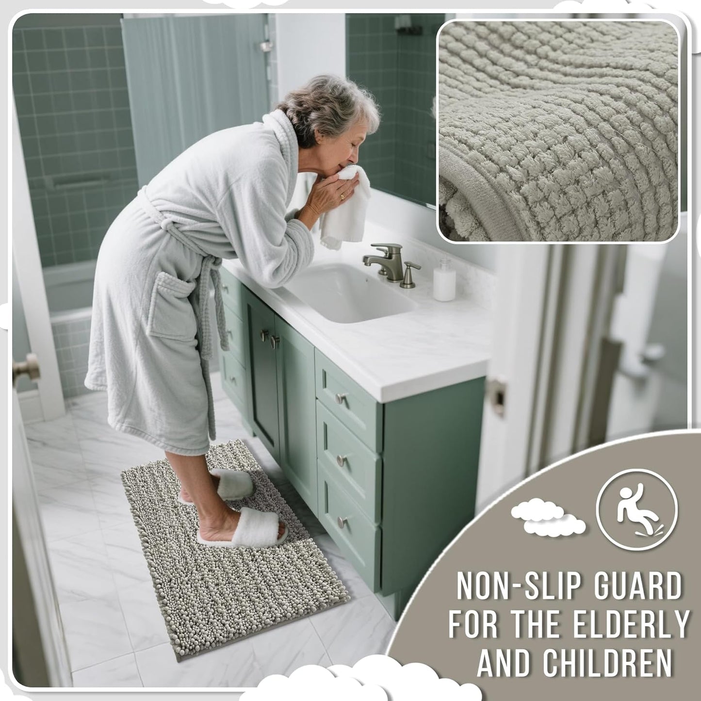 Yimobra Bathroom Rugs Non Slip Washable 24x17 Inch - Ultra Soft Absorbent Chenille Bath Mat, Quick Dry Shaggy Floor Carpet for Tub Shower, Sand Home Decor Accessories