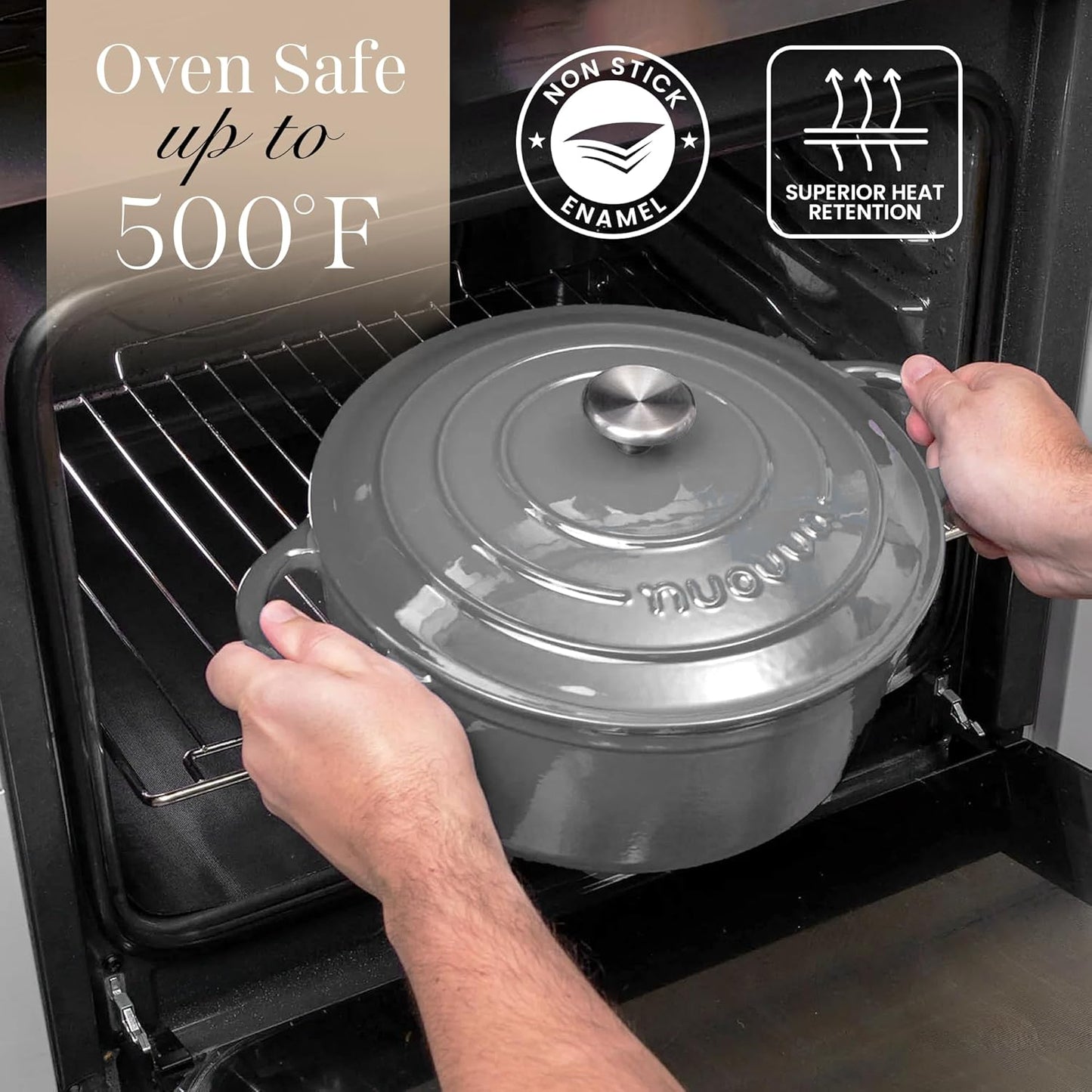 Nuovva Enamelled Cast Iron Dutch Oven Pot with Lid – 6.4 Quart Non Stick Casserole Pot – Heavy Duty & Oven Safe up to 500° F for Bread Baking, Braising, Stews, Roasting – 28cm Grey