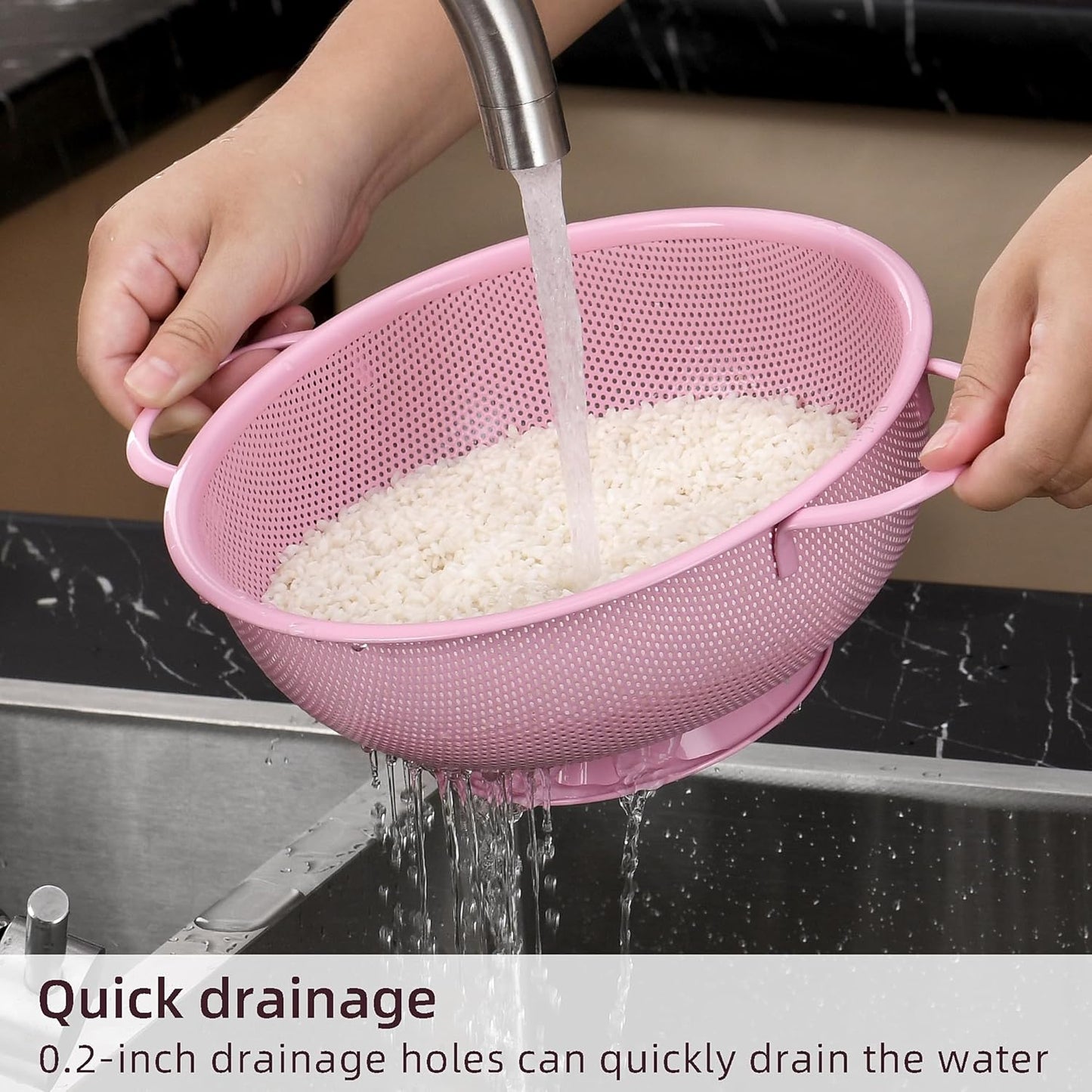 Stainless Steel Colander 3 Piece,Metal Strainer Basket with Solid Base and Handles for Kitchen Food,Pasta, Noodles, Vegetables and Fruits,Powder Coated,BPA Free,Dishwasher Safe,2 & 3 & 4.5 Qt (Pink)