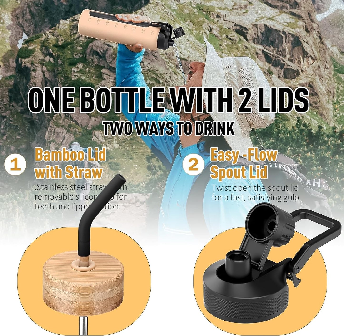 32oz Glass Water Bottle with Straw and 2 Lids- Bamboo Straw and Spout Lid with Phone Holder for Gym, Glass Drinking Bottles with Silicone Sleeve and Motivational Time Marker, Black