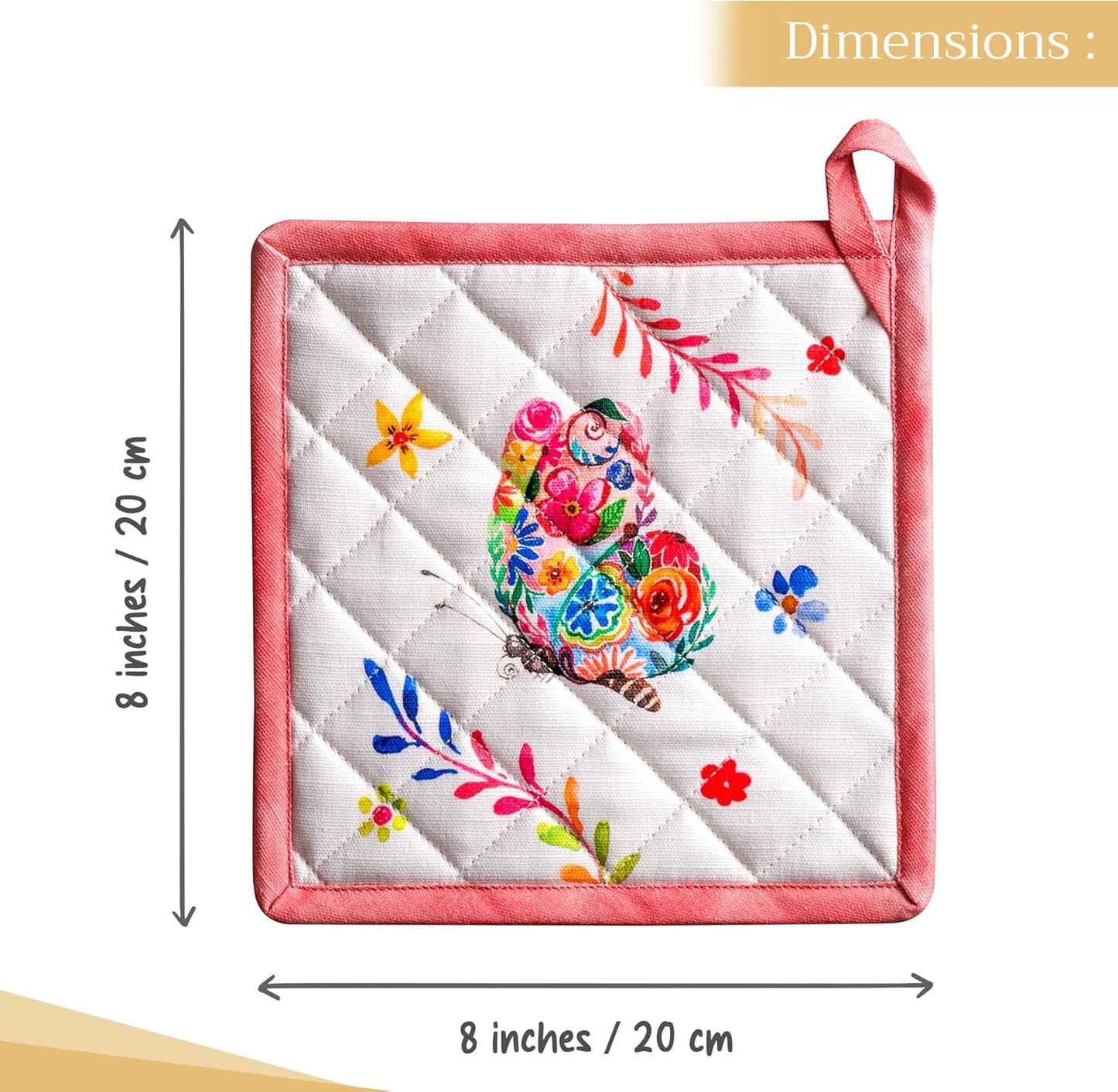 Maison d' Hermine Pot Holders 100% Cotton Heat Resistant Potholders 8" x 8" Hot Pads with Loop BBQ, Cooking, Grilling, Kitchen, Handling Hot Pans Spring/Summer (Pack of 1, Happy Florals - High Summer)