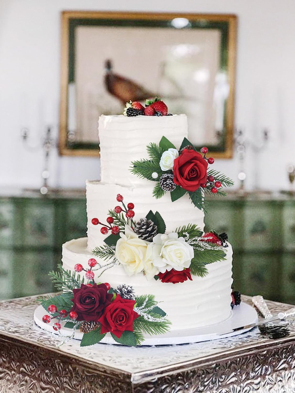 Rinlong 3Pcs Pre-made Cake Topper Cake Decorating Flowers for Christmas Cake Decor Burgundy Xmas Cake Decorations for Wedding Baptism