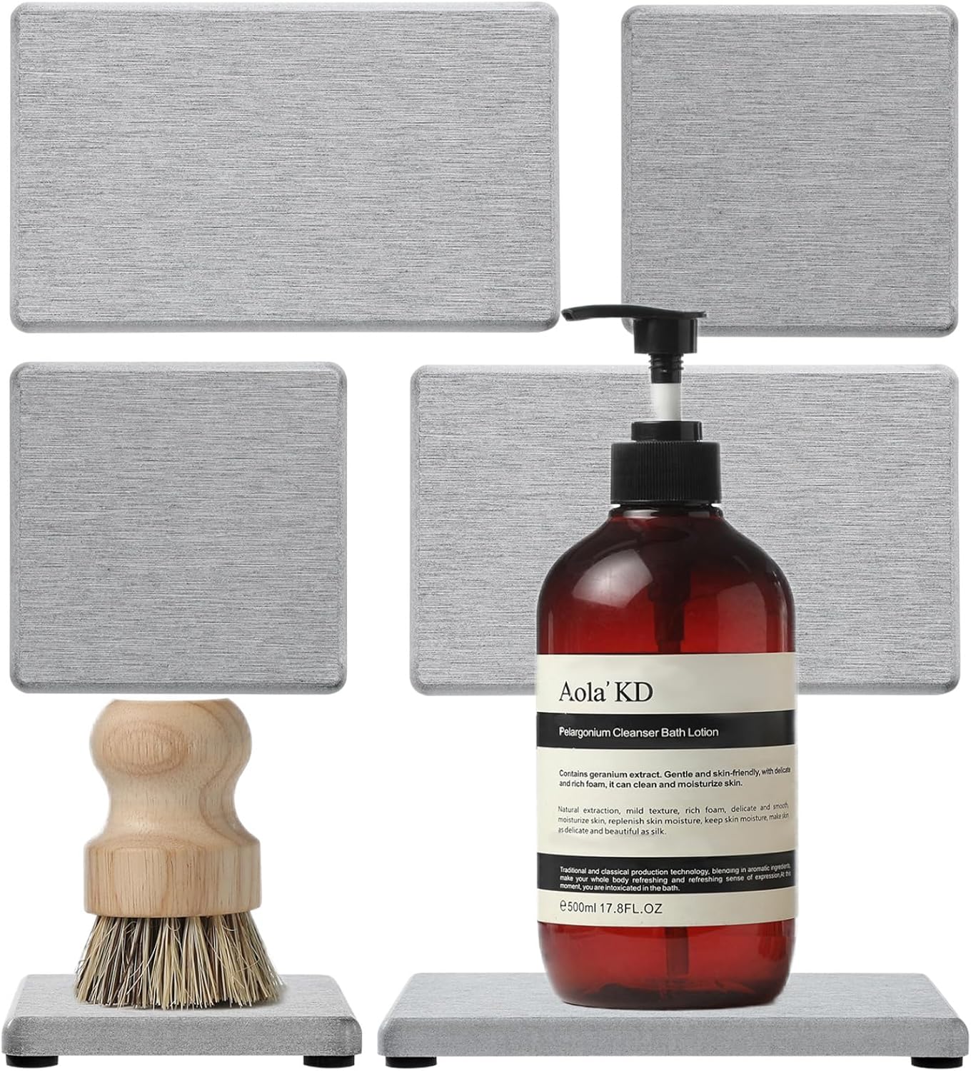 4PCS Bathroom Sink Vanity Trays, Diatomaceous Earth Quick Stone Drying Mat Kitchen Counter Dish Soap Dispenser Sponge Holder, Water Absorbing Caddy Organizer for Bottle & Cup, Light Gray
