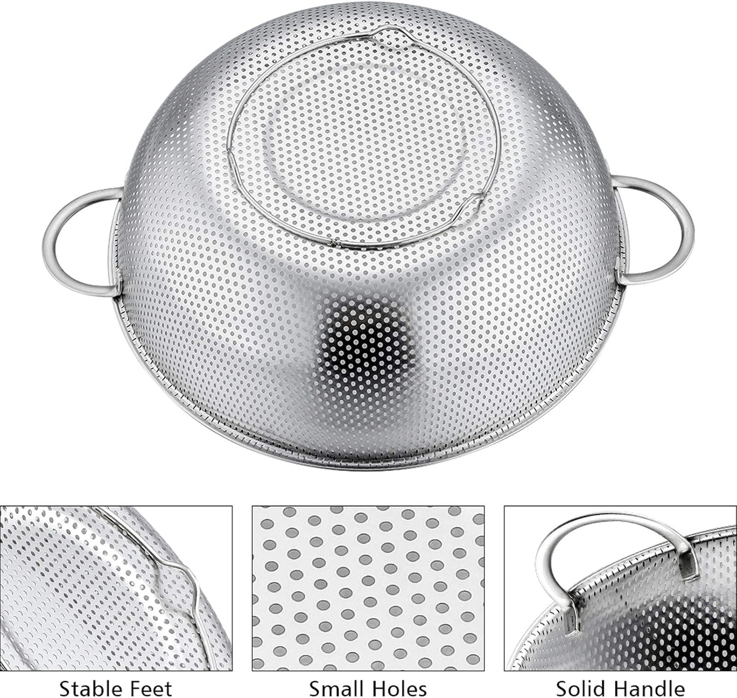P&P CHEF Colander Set of 3, Stainless Steel Micro-Perforated Colanders Strainers for Draining Rinsing Washing, Ideal for Pasta Vegetables Fruits, Heavy Duty & Dishwasher Safe - 1/3/5 Quart