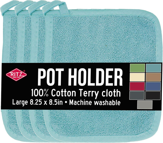 RITZ Terry Potholder & Hot Pad: Unparalleled Heat Resistant, Durable 100% Cotton – Ergonomically Designed for Optimal Grip – Easy-Care Machine Washable – 4-Pack, Dew