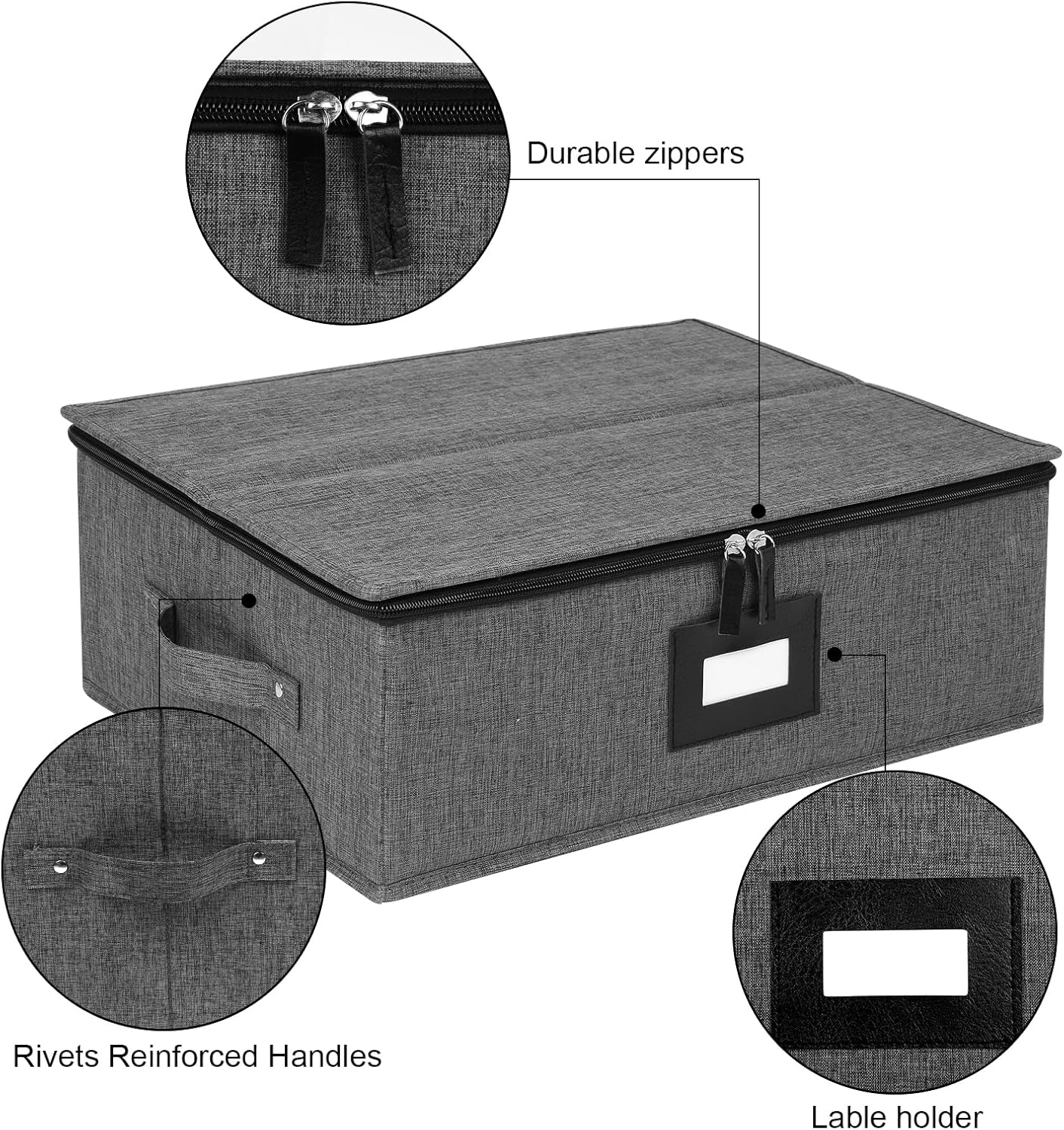 Mug Storage Box with Dividers, China Storage Containers for Tea Cups and Coffee Mugs with Zipper Lid and Rivet Reinforced Handles, Hard Shell and Stackable (Black)