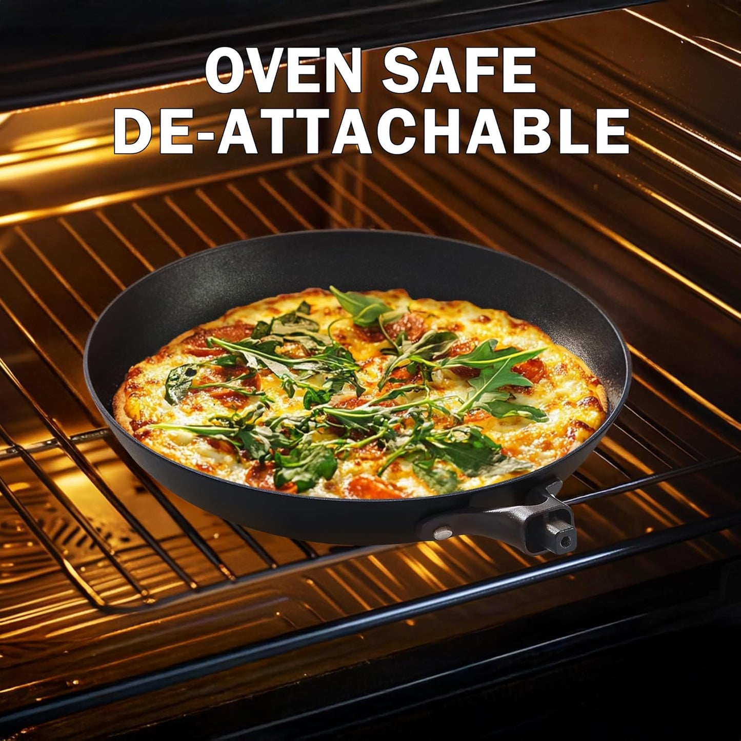 DM Cast Iron Skillet, 2 Piece Nonstick Frying Pan Set, 8 and 10 Inch with Detachable Acacia Wooden Handle, Honeycomb Non stick Omelet Egg Pan, Easy Clean Oven Safe Pans for Cooking