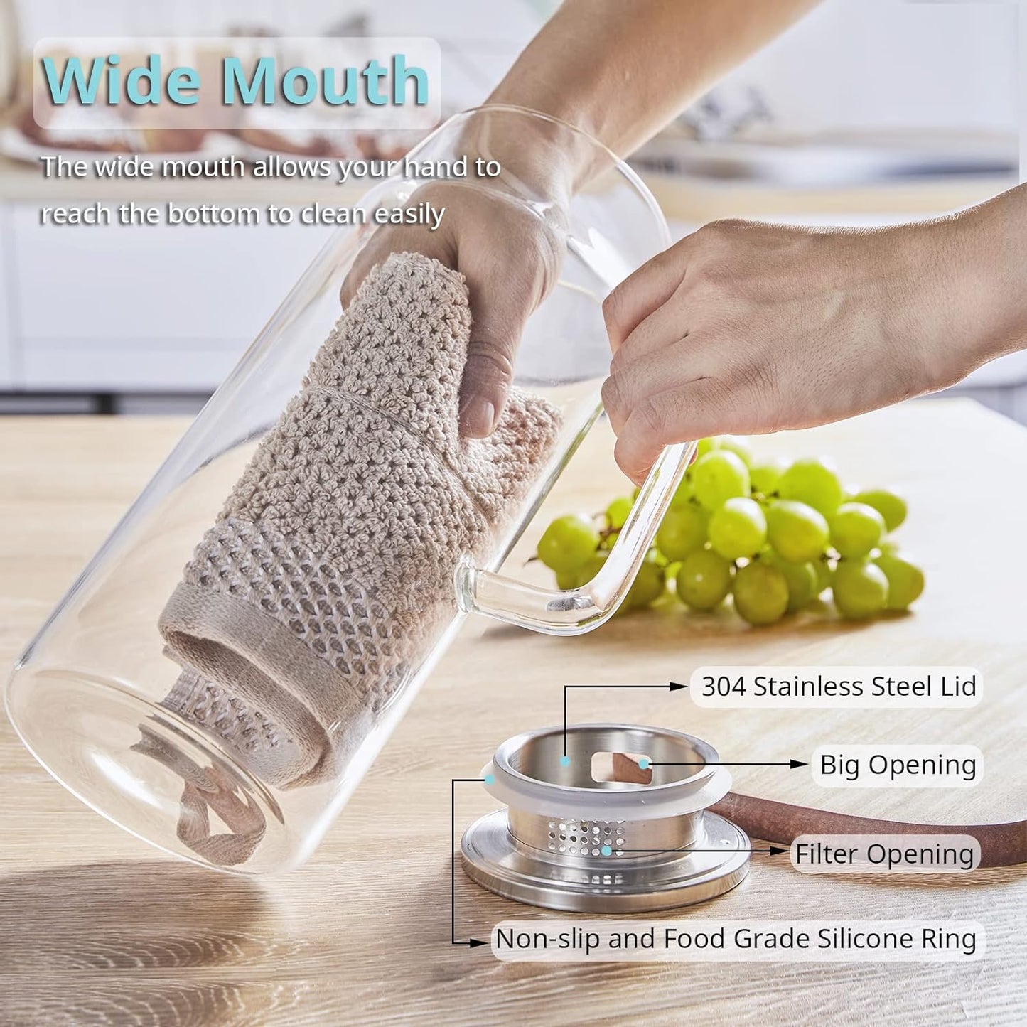 2 Liter 68 oz Glass Pitcher with Lid and Spout, Bivvclaz Glass Carafe for Hot/Cold Water, Large Iced Tea Pitcher for Coffee, Juice and Homemade Beverage