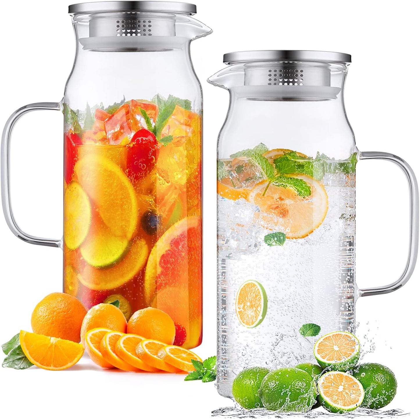 2 Pack 2 Liter 68 oz 2.1 Qt Glass Pitcher with Lid and Spout, Bivvclaz Water Pitcher for Fridge, Glass Carafe for Hot/Cold Water, Large Iced Tea Pitcher for Coffee, Juice and Homemade Beverage