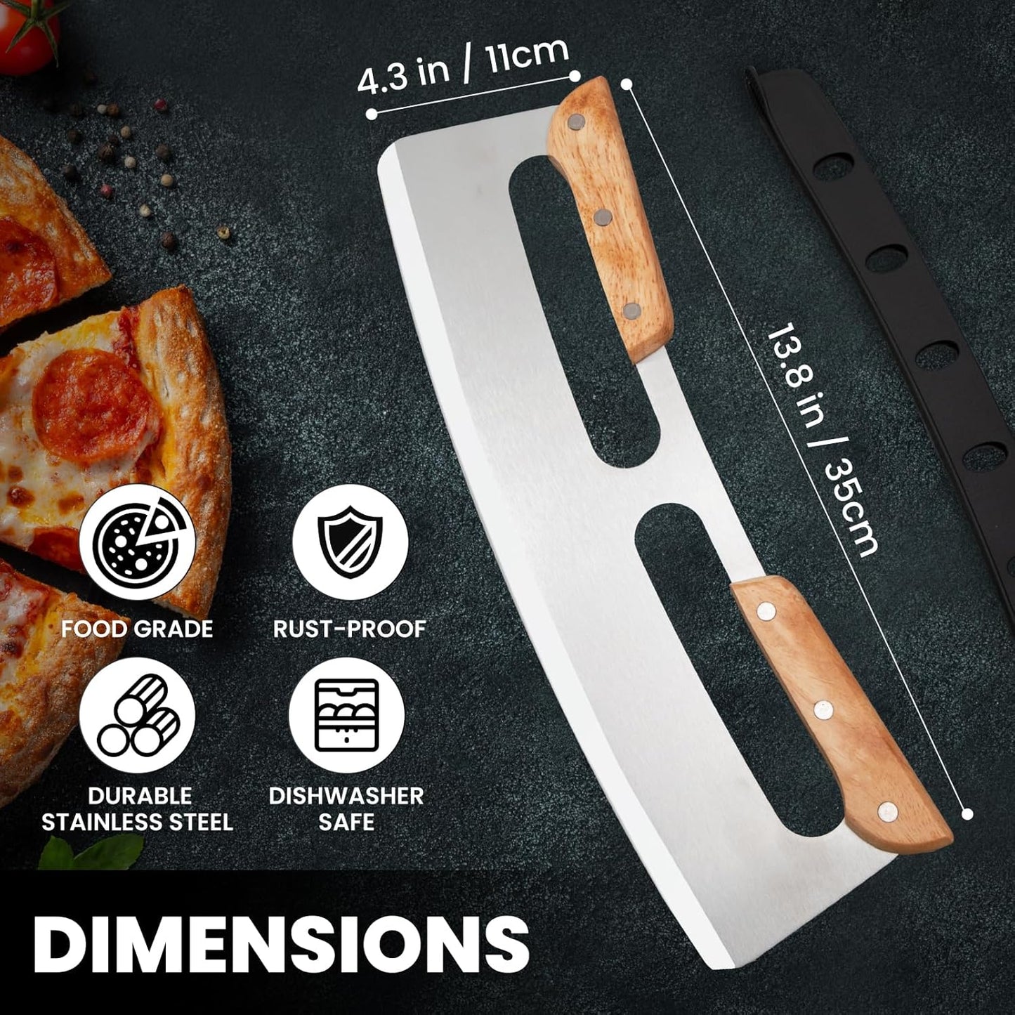 SCHVUBENR 14'' Pizza Cutter Rocker with Wooden Handles - Sharp Stainless Steel Pizza Slicer with Comfort Cover - Large Pizza Knife Cutter Wheel - Easy to Use & Clean - Slice Pizza with Ease