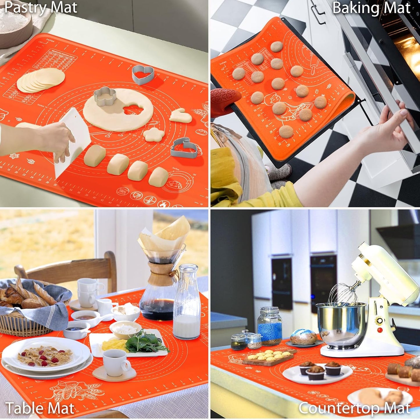 Silicone Baking Mat 32" x 24" Extra Thickness Dough Rolling Mat with Measurements and Edge Heightening, Non-stick Food Grade Silicone Pastry Mat for Pastry, Bread, Cookies, Pizza, Fondant, Pasta-Red