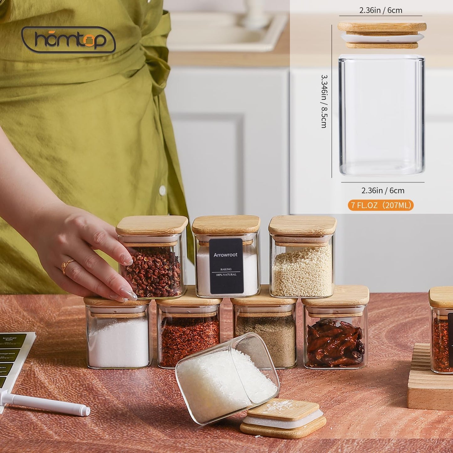 16Pcs 7oz Spice Jars Glass Container with 275 Labels, Airtight Seasoning Empty Organizer with Bamboo Lid Set for Pepper, Salt, Sugar