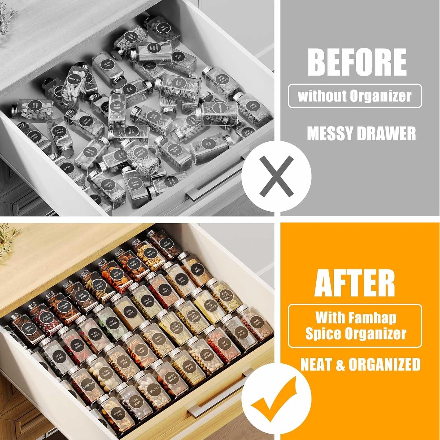 Famhap Spice Drawer Organizer, 8 Tier Expandable from 11.7" to 23.2" Seasoning Rack Tray Insert for Kitchen Drawers, Spice Rack Tray for Drawer/Countertop (Black)