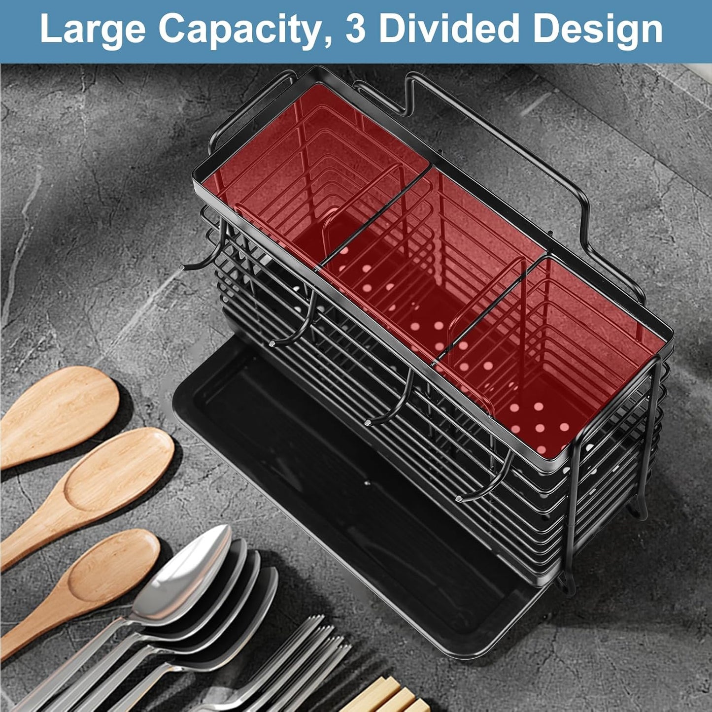 Utensil Holder, Stainless Steel Utensil Drying Rack with Drain Tray, Kitchen Counter Drainer Basket Silverware Cutlery Flatware Holder Forks, Knives, Spoons, Chopsticks Organizer (Black)
