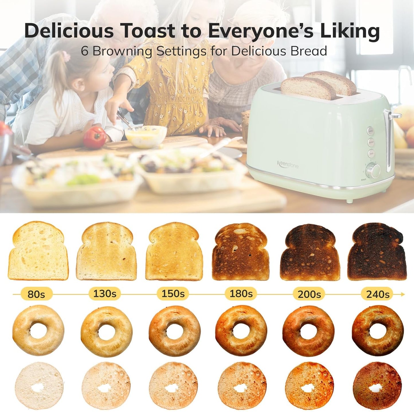 Toaster 2 Slice Stainless Steel Toaster Retro with 6 Bread Shade Settings, Bagel, Cancel, Defrost Function, 2 Slice Toaster with Extra Wide Slot, Removable Crumb Tray